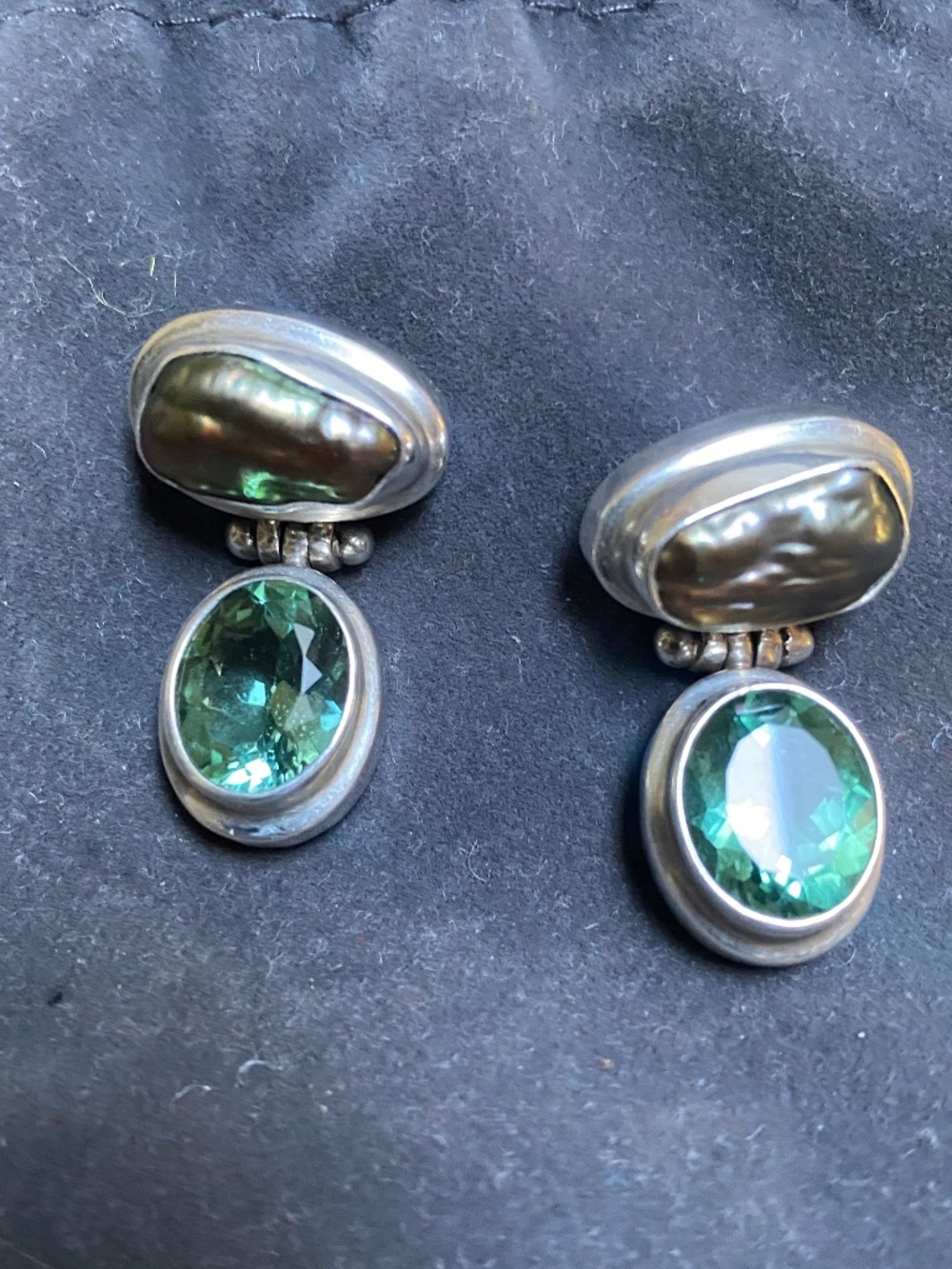 Vintage Sterling Silver Bronze Pearl and Green Stone Drop Pierced Earrings
